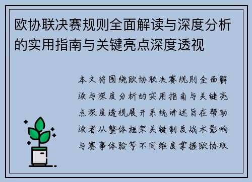 欧协联决赛规则全面解读与深度分析的实用指南与关键亮点深度透视